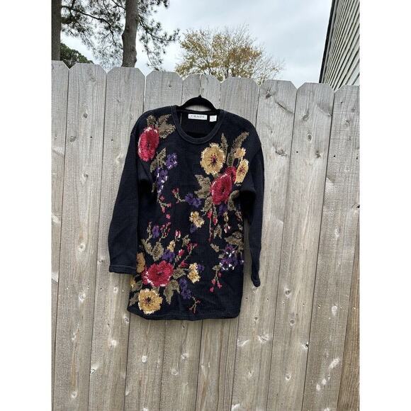 Vintage Chaus‎ Sweater Floral Black Cottagecore Small Winter Knit Fall Cozy - Picture 1 of 8